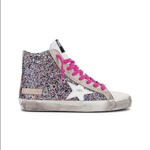 White, pink, and grey glitter Francy Golden Goose sneakers